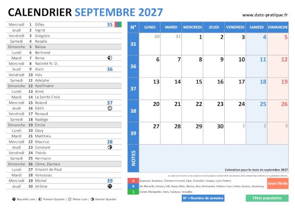 Calendrier de septembre 2027 incluant les jours fériés, fêtes à souhaiter, vacances scolaires, phases lunaires et numéros de semaine.