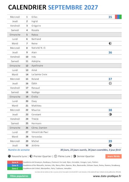 Calendrier mensuel de Septembre 2027 avec saints, fêtes, jours fériés, vacances scolaires, numéros de semaine et phases lunaires à télécharger gratuitement.
