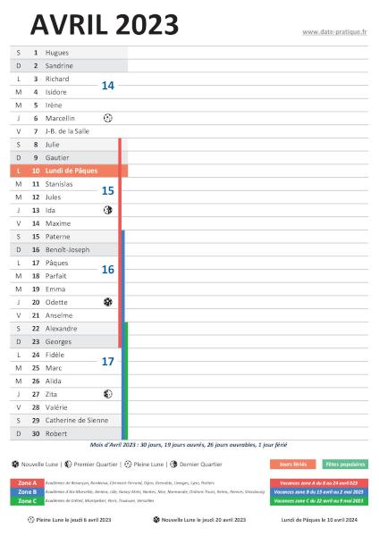 Avril 2023 - Calendrier à imprimer et dates pratiques.