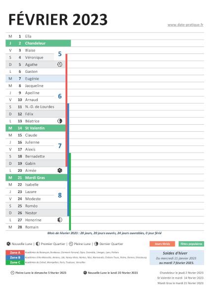 Février 2023 - Calendrier à imprimer et dates pratiques.