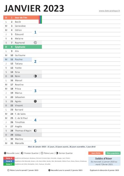 Calendrier pour le mois de janvier 2023 à imprimer gratuitement.