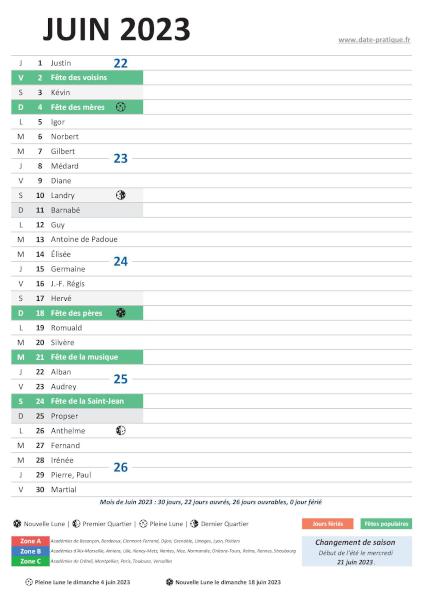 Juin 2023 - Calendrier à imprimer et dates pratiques.