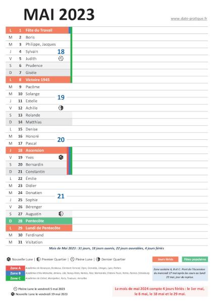 Mai 2023 - Calendrier à imprimer et dates pratiques.