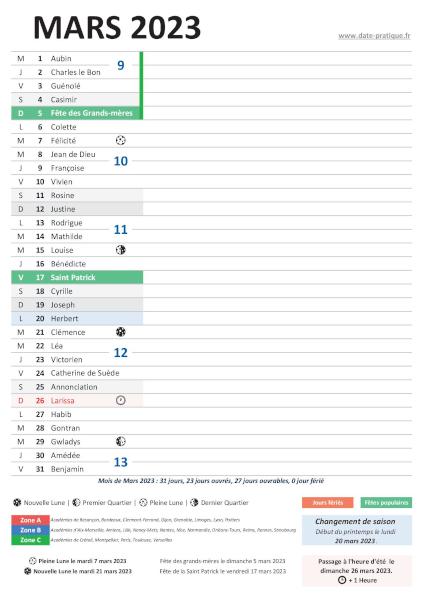 Mars 2023 - Calendrier à imprimer et dates pratiques.
