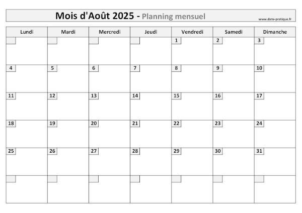 Planning pour le mois d'Août 2025 à imprimer au format A4 paysage.