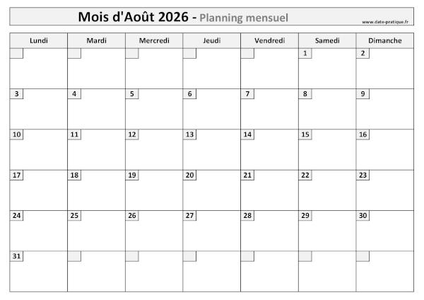 Calendrier mensuel vierge pour le mois d'Août 2026 à imprimer au format A4 paysage.