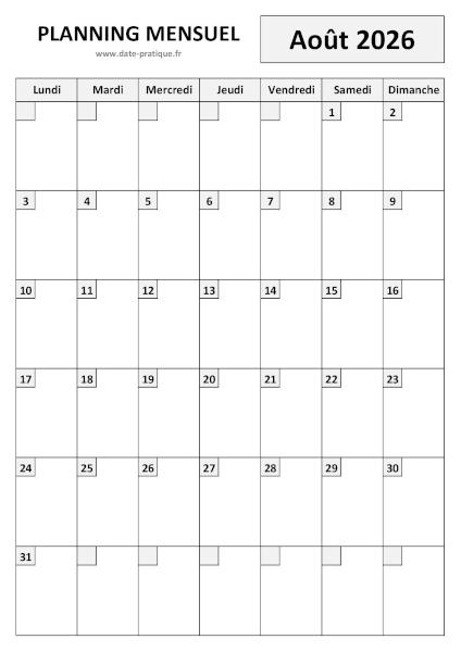 Planning Août 2026 à imprimer au format A4 portrait, pratique et clair.