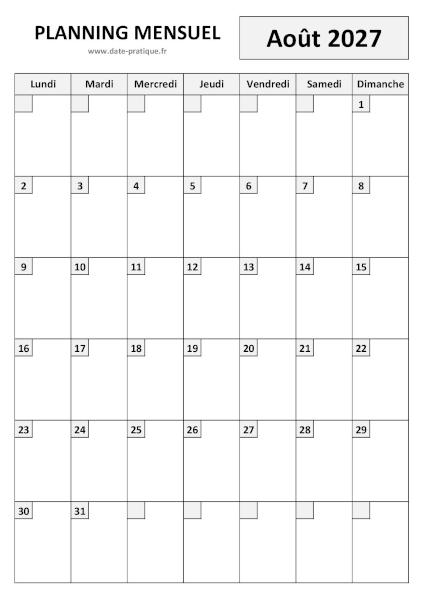 Planning pour le mois d'Août 2027 à imprimer au format A4 portrait.