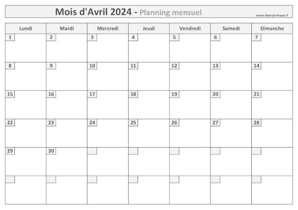 Planning pour le mois d'Avril 2024 à imprimer au format A4 paysage.