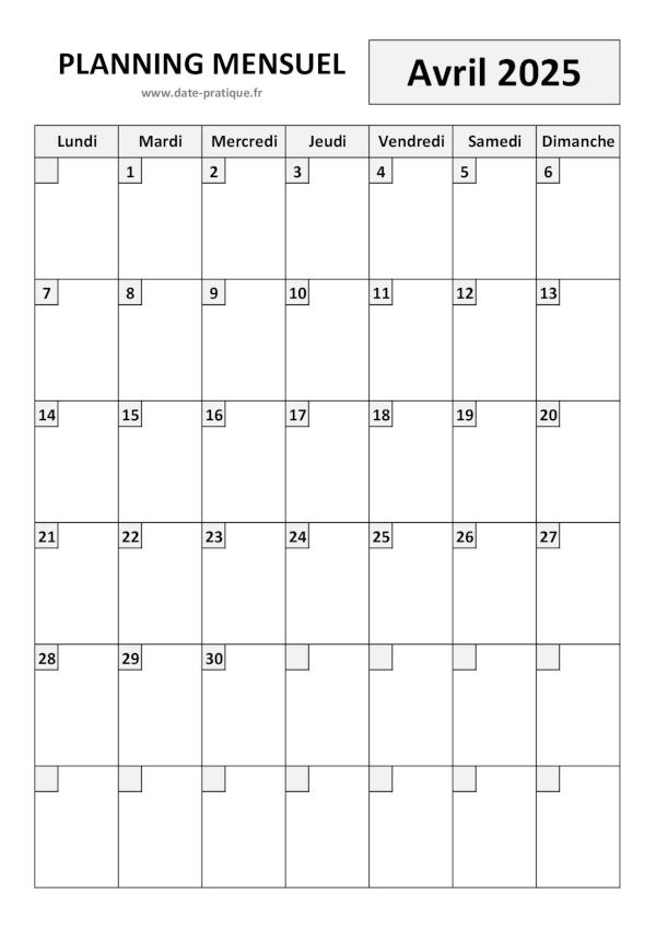 Planning pour le mois d'Avril 2025 à imprimer au format A4 portrait.