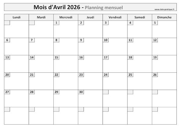 Calendrier mensuel vierge pour le mois d'Avril 2026 à imprimer au format A4 paysage.