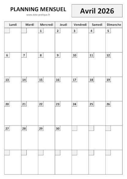 Planning Avril 2026 à imprimer au format A4 portrait, pratique et clair.