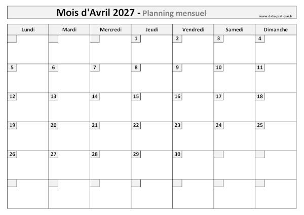 Calendrier mensuel vierge pour le mois d'Avril 2027 à imprimer au format A4 paysage.