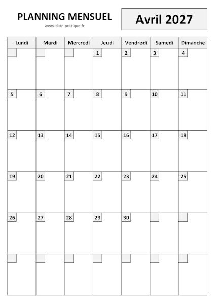 Planning pour le mois d'Avril 2027 à imprimer au format A4 portrait.