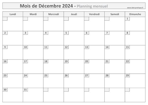 Calendrier pour le mois de décembre 2024 à imprimer gratuitement.