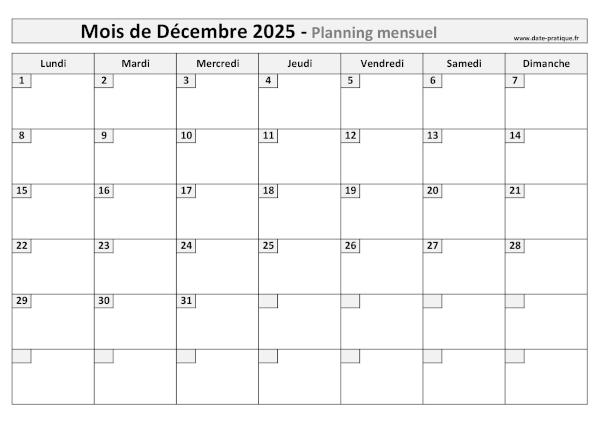 Planning pour le mois de Décembre 2025 à imprimer au format A4 paysage.