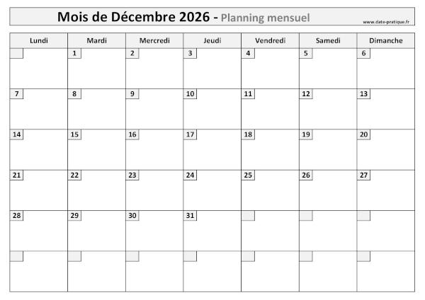 Calendrier mensuel vierge pour le mois de Décembre 2026 à imprimer au format A4 paysage.