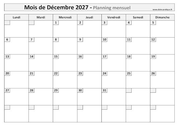 Calendrier mensuel vierge pour le mois de Décembre 2027 à imprimer au format A4 paysage.