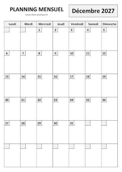 Planning pour le mois de Décembre 2027 à imprimer au format A4 portrait.