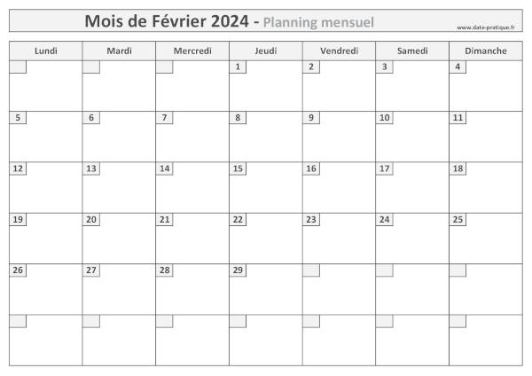 Planning pour le mois de Février 2024 à imprimer au format A4 paysage.