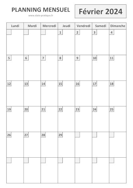 Planning pour le mois de Février 2024 à imprimer au format A4 portrait.