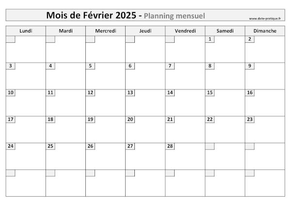 Planning pour le mois de Février 2025 à imprimer au format A4 paysage.