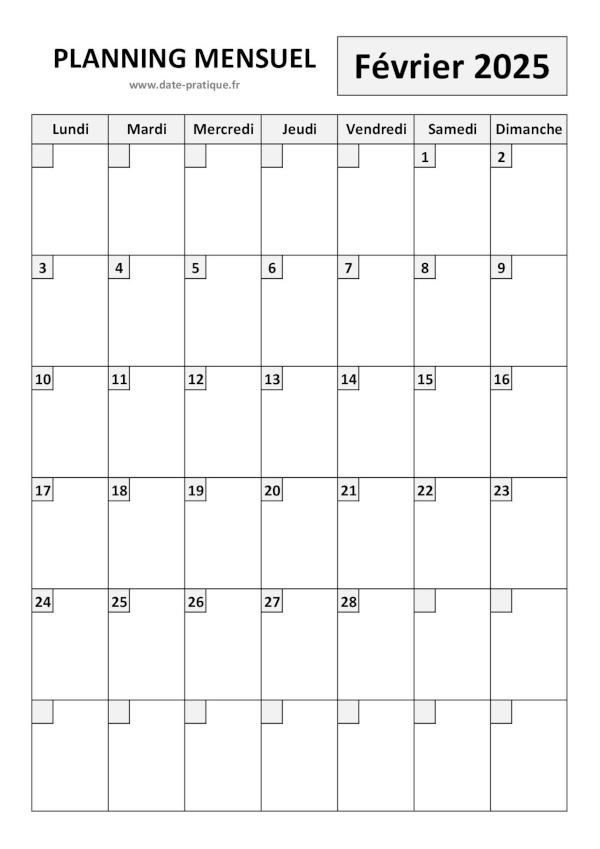 Planning pour le mois de Février 2025 à imprimer au format A4 portrait.