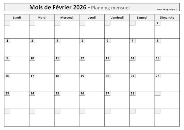 Calendrier mensuel vierge pour le mois de Février 2026 à imprimer au format A4 paysage.