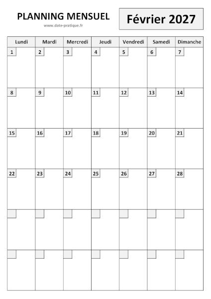 Planning pour le mois de Février 2027 à imprimer au format A4 portrait.