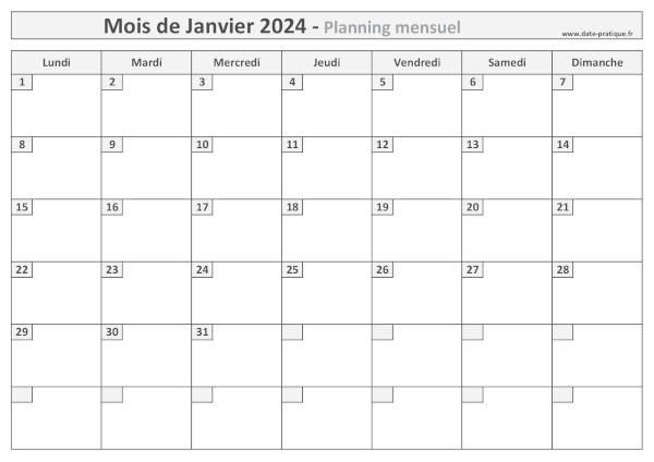 Planning pour le mois de Janvier 2024 à imprimer au format A4 paysage.