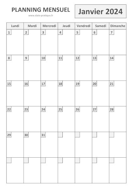Planning pour le mois de Janvier 2024 à imprimer au format A4 portrait.