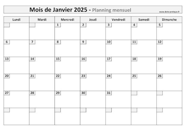 Planning pour le mois de Janvier 2025 à imprimer au format A4 paysage.