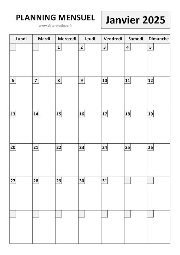 Planning pour le mois de Janvier 2025 à imprimer au format A4 portrait.