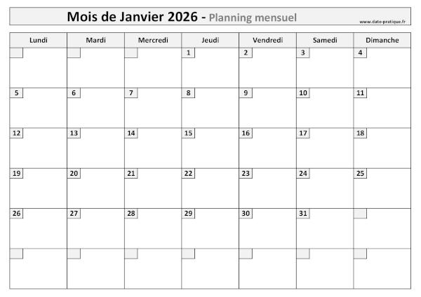 Calendrier mensuel vierge pour le mois de Janvier 2026 à imprimer au format A4 paysage.
