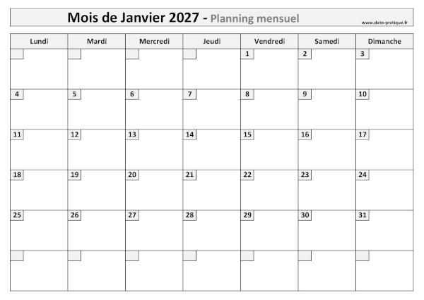 Calendrier mensuel vierge pour le mois de Janvier 2027 à imprimer au format A4 paysage.