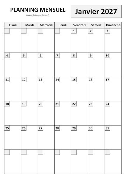 Planning pour le mois de Janvier 2027 à imprimer au format A4 portrait.