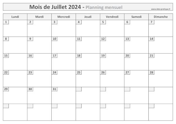 Planning pour le mois de Juillet 2024 à imprimer au format A4 paysage.