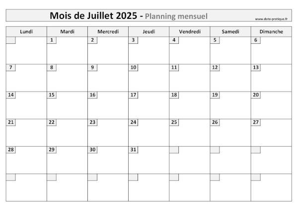 Planning Juillet 2025 à imprimer au format A4 paysage, pratique et clair.