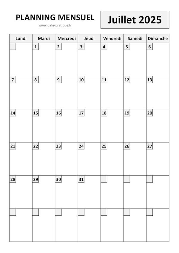 Planning Juillet 2025 à imprimer au format A4 portrait, pratique et clair.