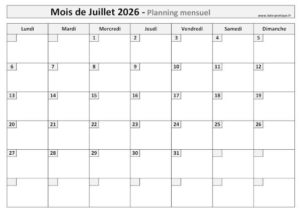 Planning Juillet 2026 à imprimer au format A4 paysage, pratique et clair.