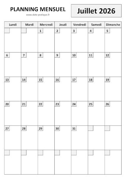 Planning Juillet 2026 à imprimer au format A4 portrait, pratique et clair.