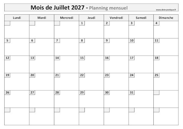 Calendrier mensuel vierge pour le mois de Juillet 2027 à imprimer au format A4 paysage.
