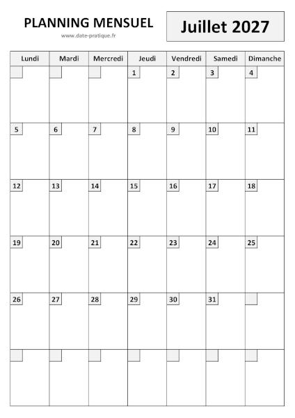 Planning pour le mois de Juillet 2027 à imprimer au format A4 portrait.