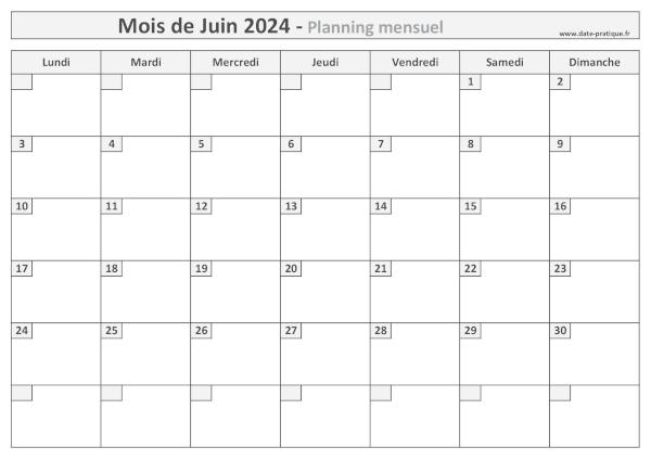 Planning pour le mois de Juin 2024 à imprimer au format A4 paysage.