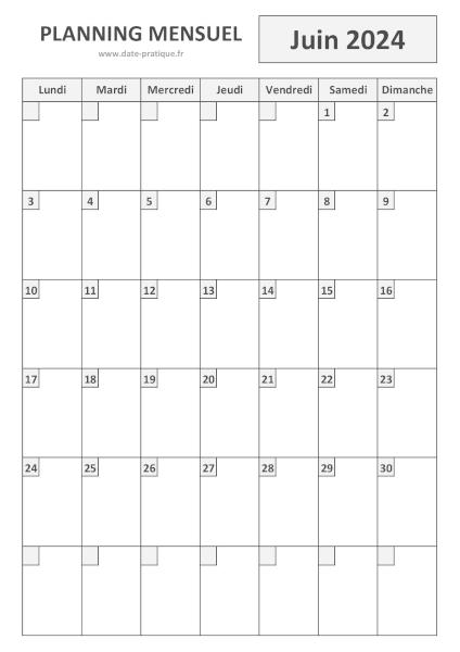 Planning pour le mois de Juin 2024 à imprimer au format A4 portrait.