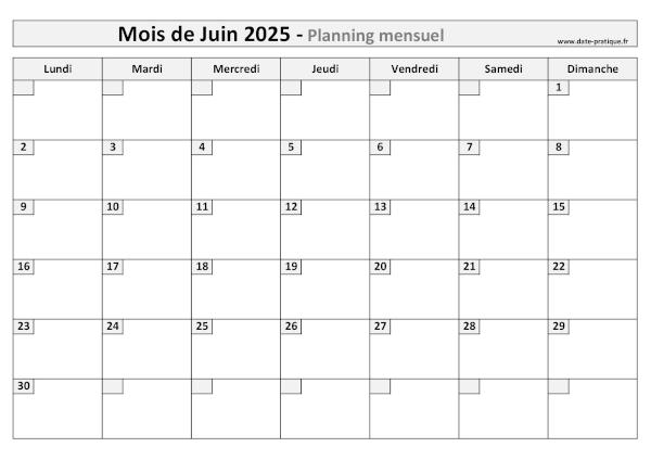 Planning pour le mois de Juin 2025 à imprimer au format A4 paysage.