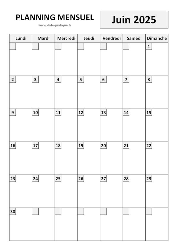 Planning pour le mois de Juin 2025 à imprimer au format A4 portrait.