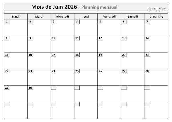 Calendrier mensuel vierge pour le mois de Juin 2026 à imprimer au format A4 paysage.