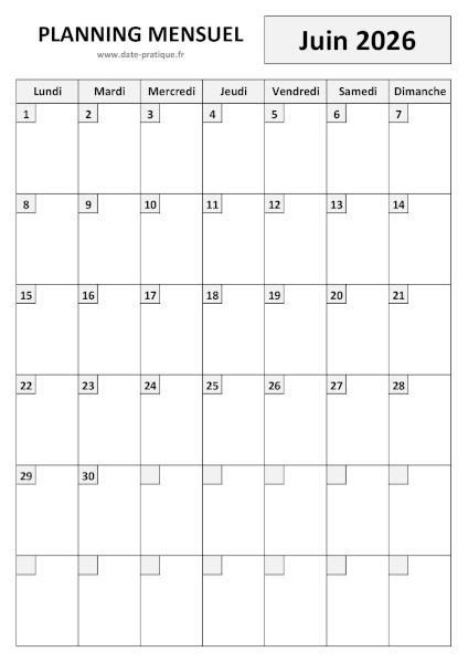 Planning Juin 2026 à imprimer au format A4 portrait, pratique et clair.