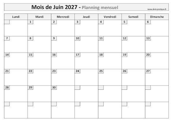 Calendrier mensuel vierge pour le mois de Juin 2027 à imprimer au format A4 paysage.